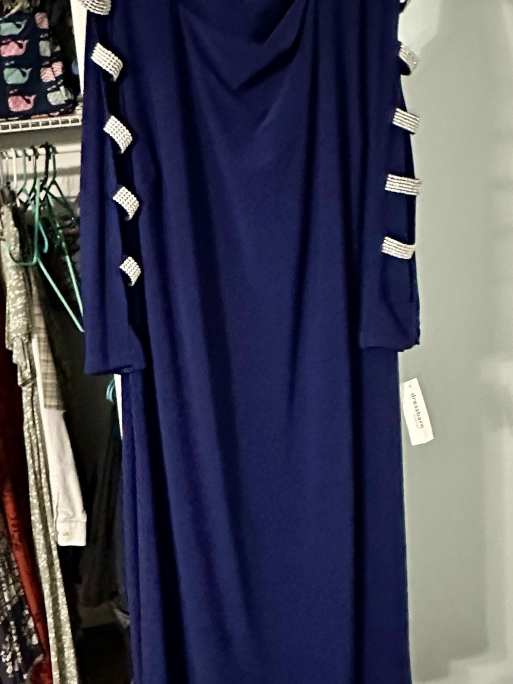 Elegant Navy Blue Evening Dress with Crystal-Trim Sleeves